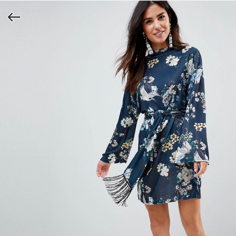 Kimono Sleeve Bird Print Dress with Fringe Belt